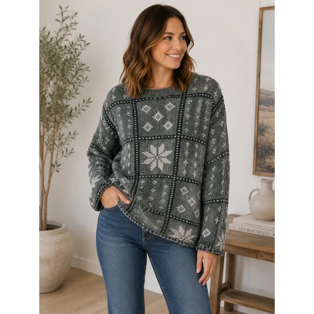 Crazy Horse Liz Claiborne Gray Fair Isle Snowflake Knit Sweater Womens S 1217 - Picture 1 of 8